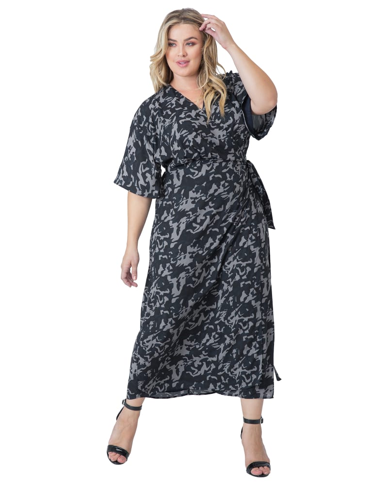 Front of a model wearing a size 1X Aubrey Kimono Wrap Maxi Dress in Multicoloured by Standards & Practices. | dia_product_style_image_id:280632